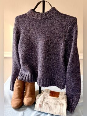 Boden Cropped Sweater Size S Purple Speckled Knit Mock Neck Cozy Textured